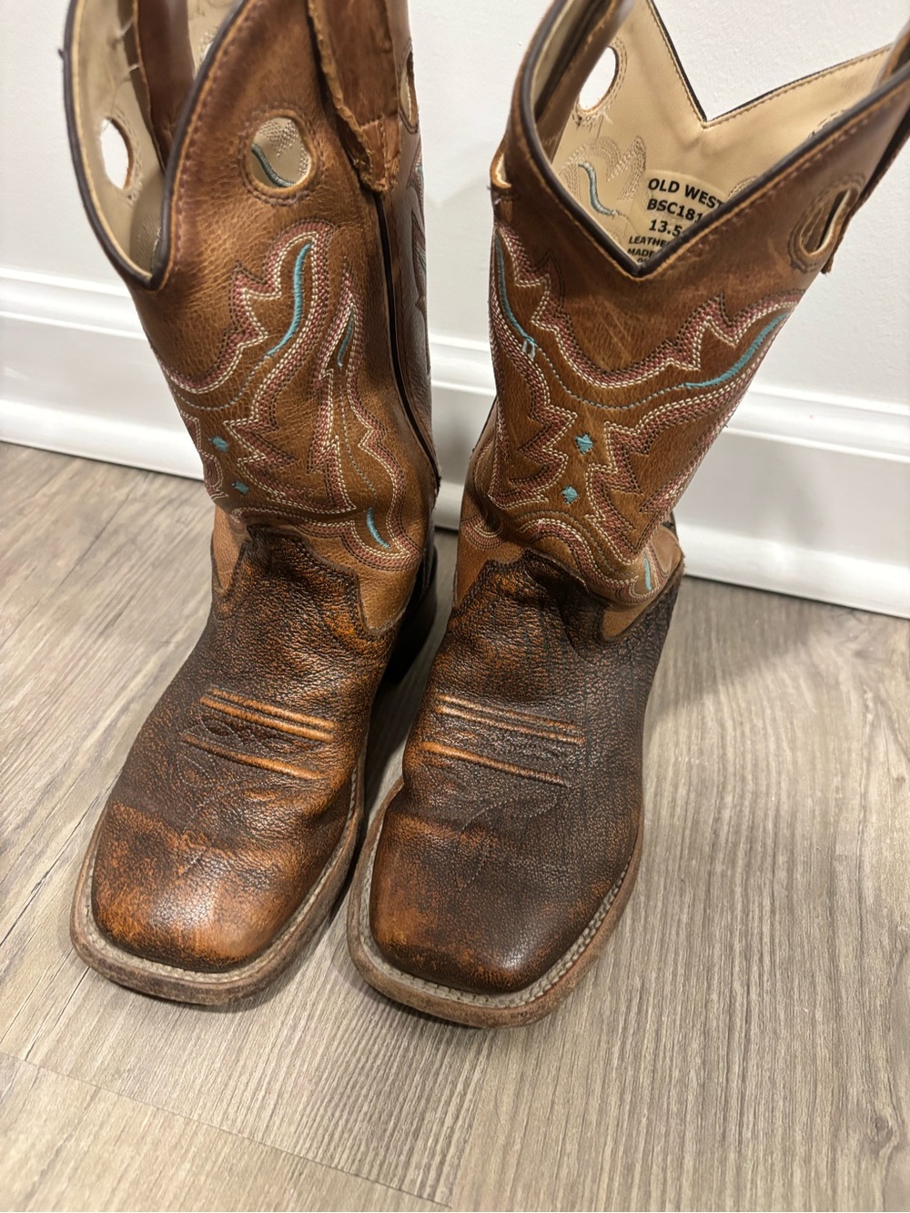 Old West Kids Brown & Tan Western Cowboy Boots with Turquoise Stitching